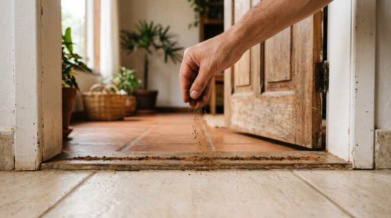 Mão em primeiro plano polvilhando uma mistura de especiarias em pó de tons terrosos ao longo da soleira de madeira envelhecida de uma porta entreaberta. O chão da entrada é de cerâmica clara, enquanto o fundo mostra o interior iluminado com piso de lajota, cestos de palha e vasos com plantas verdes.