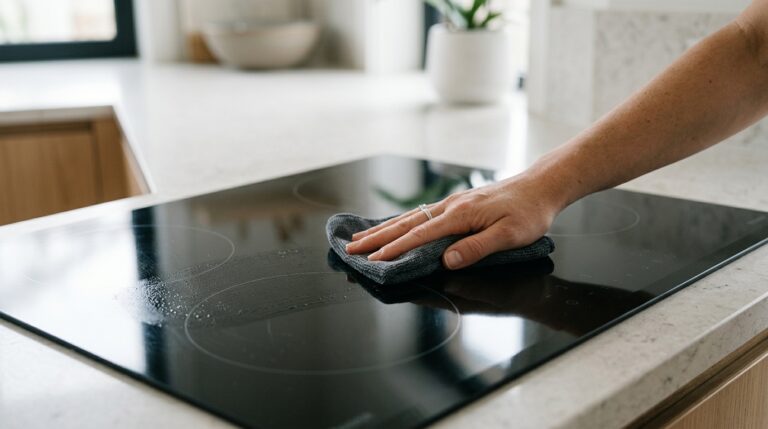 Mão deslizando um tecido de microfibra cinza-escuro sobre a superfície negra, lisa e espelhada de um cooktop de vidro. A luz natural reflete no vidro levemente úmido, evidenciando marcações circulares sutis. A bancada ao redor é de uma pedra clara com veios suaves.