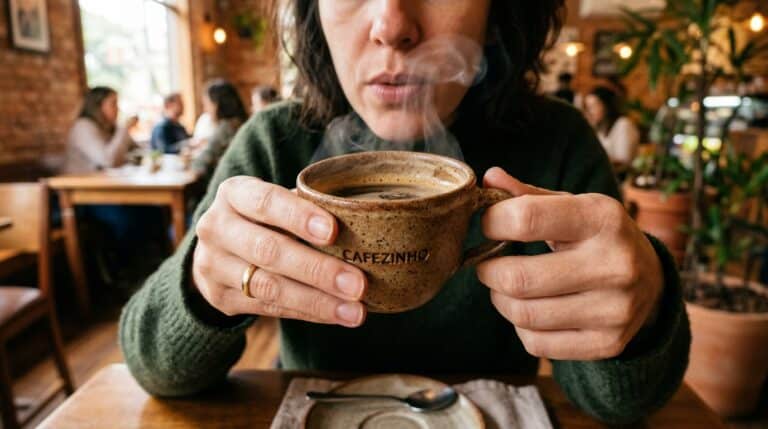 Mulher vestindo suéter verde escuro segurando com as duas mãos uma xícara rústica de cerâmica com a palavra 'CAFEZINHO' gravada. Ela assopra a bebida preta e quente, que emite fumaça de vapor. Ao fundo, o ambiente desfocado de uma cafeteria aconchegante com mesas de madeira e plantas.