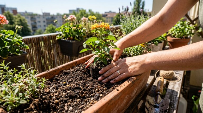 Mãos sujas de terra acomodando uma pequena muda de lantana com flores amarelas e laranjas em uma jardineira de terracota. Ao lado, uma pequena pá de metal e um rolo de barbante repousam sobre uma mesa rústica. Ao fundo, uma varanda ensolarada com vista urbana desfocada.