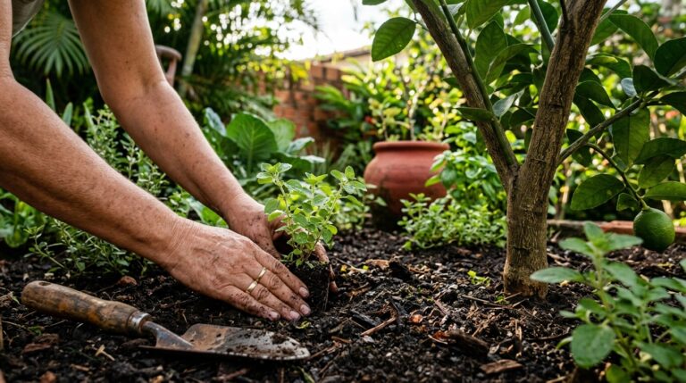 Mãos sujas de terra acomodando uma pequena muda de orégano em um canteiro adubado. À esquerda, uma pá rústica de jardinagem repousa no chão. À direita, o tronco de um limoeiro com um limão verde. Fundo ensolarado com folhagens e vaso de cerâmica.