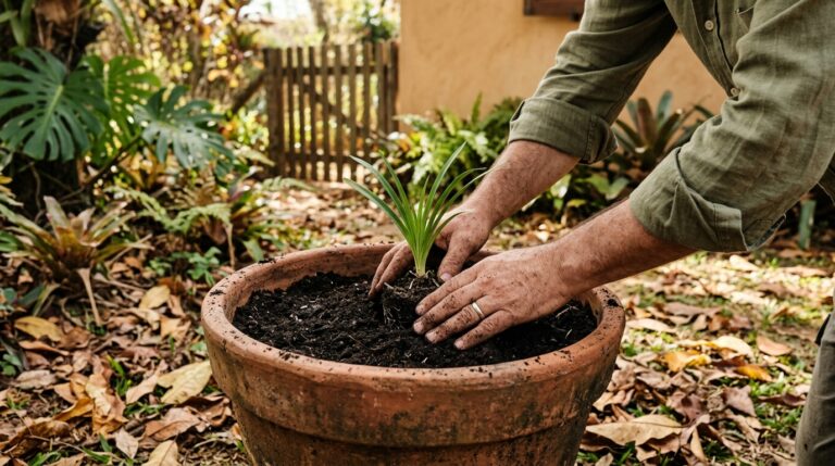 Mãos de um homem plantando uma muda de folhas longas e finas em um vaso de barro rústico cheio de terra escura, com um jardim tropical desfocado ao fundo.