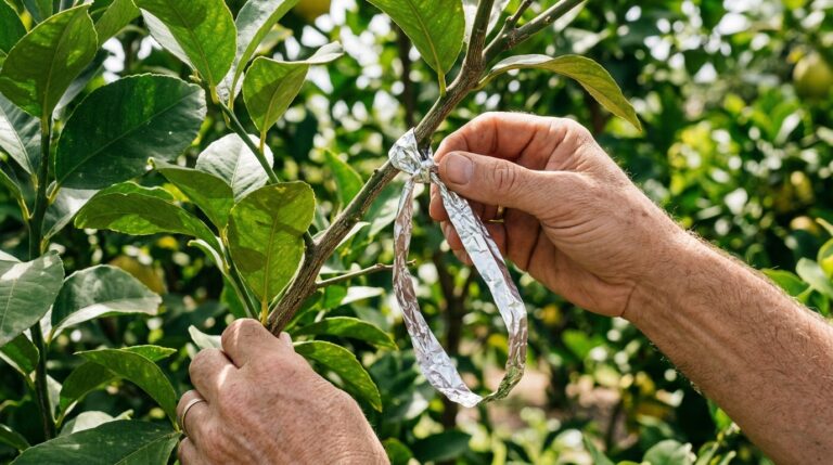 Close-up de mãos rústicas amarrando uma tira amassada de papel-alumínio em um galho fino de um limoeiro. As folhas verdes e vibrantes da árvore compõem o fundo sob luz solar natural.