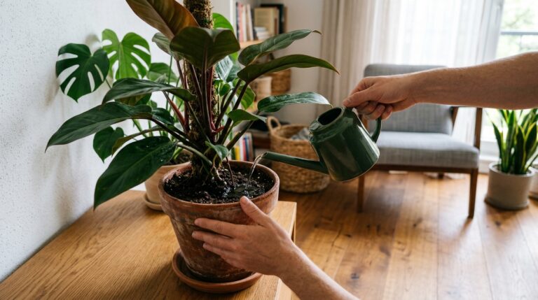 Mãos segurando um regador clássico de metal verde-escuro, despejando um fio de água na terra de um vaso rústico de terracota. O vaso sustenta um filodendro de folhas escuras apoiado em um tutor de musgo. Ao fundo, uma sala iluminada com piso de madeira, poltrona cinza e folhagens tropicais.