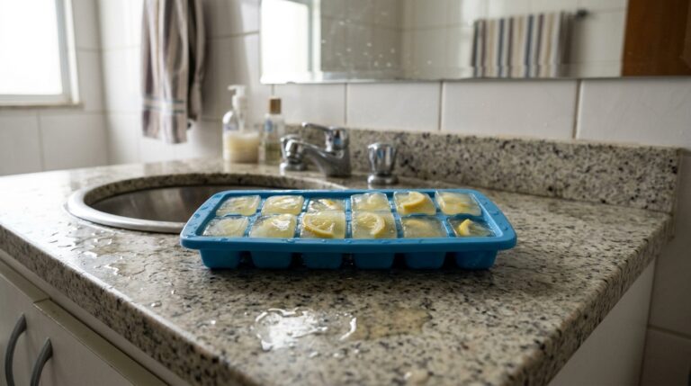 Forma de gelo azul contendo cubos congelados com pedaços de limão, apoiada sobre uma bancada de granito molhada ao lado de uma pia de banheiro.