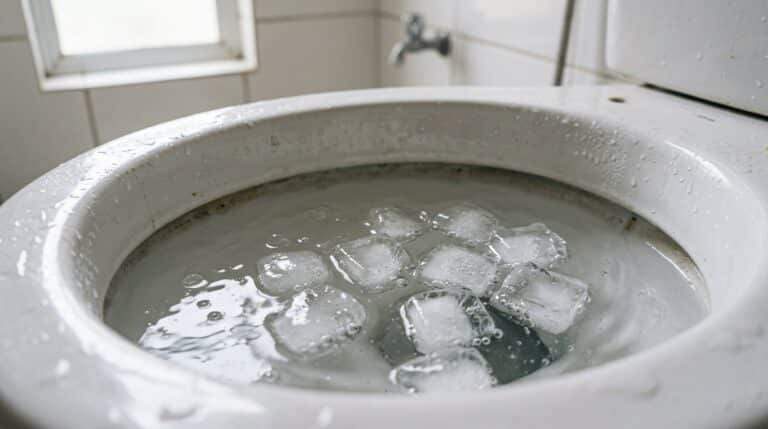 Imagem em close-up mostrando vários cubos de gelo derretendo e flutuando na água levemente agitada dentro de um vaso sanitário branco.