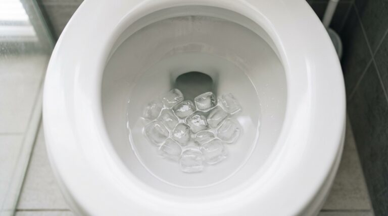 Visão superior (de cima para baixo) do interior de um vaso sanitário de louça branca, mostrando vários cubos de gelo agrupados e repousando na água limpa do fundo.