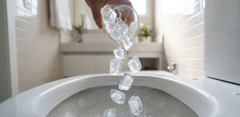 Mão inclinando um copo de vidro e despejando cubos de gelo transparentes dentro de um vaso sanitário branco. O fundo mostra um banheiro moderno e iluminado com azulejos claros.
