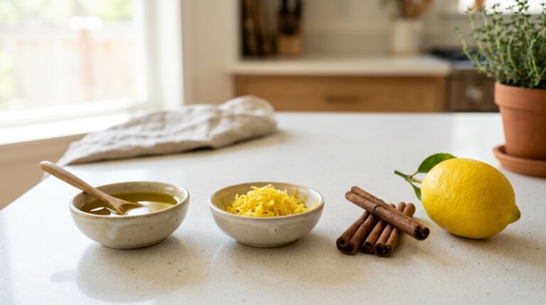 Ingredientes organizados sobre uma bancada branca para o preparo de óleo aromatizado. Da esquerda para a direita: uma tigela com óleo dourado e colher de pau, uma tigela com raspas de limão, paus de canela e um limão siciliano inteiro com folha.