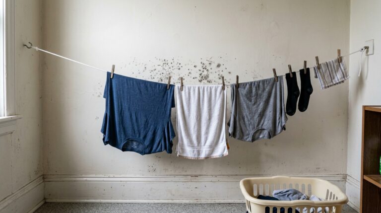 Roupas penduradas em uma corda improvisada dentro de um quarto com manchas escuras de mofo na parede branca ao fundo. Um cesto de roupas claro está no chão.
