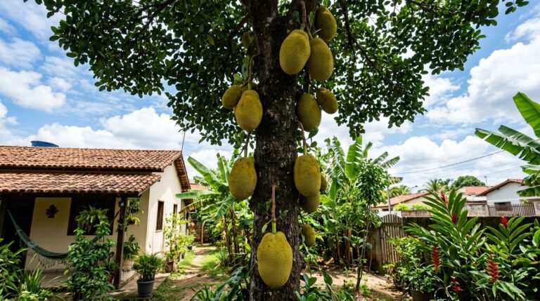 Tronco robusto de uma jaqueira alta com dezenas de jacas grandes e pesadas penduradas. Ao fundo, uma casa de arquitetura simples com telhado de cerâmica e uma rede na varanda, cercada por plantas tropicais sob um céu azul e ensolarado.