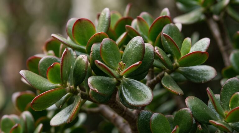 Close-up de folhas carnudas e ovais de uma planta jade. As folhas possuem um tom verde-escuro e brilhante, com bordas finas e avermelhadas, crescendo em pequenos aglomerados sobre caules rústicos. Fundo com desfoque suave em tons neutros.