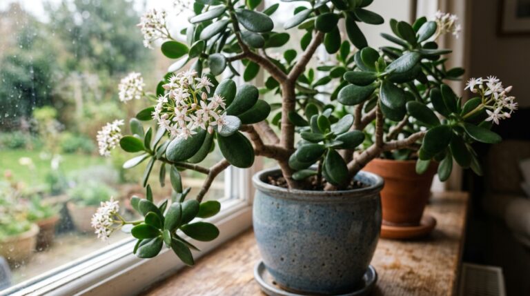 Planta jade madura com caules grossos de aspecto lenhoso e folhagens verdes abrigando pequenos cachos de delicadas flores brancas em formato de estrela. A suculenta está plantada em um vaso de cerâmica azul esmaltada sobre uma bancada de madeira perto de uma janela. Ao fundo, a vista para um jardim verde.