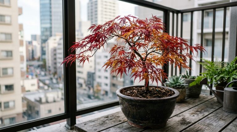 Um pequeno bordo japonês com folhagem densa em tons de vermelho e laranja, plantado em um vaso de cerâmica escura e brilhante sobre uma mesa de madeira envelhecida. Ao fundo, através de uma grade escura, vê-se a paisagem urbana desfocada com prédios altos e rua.