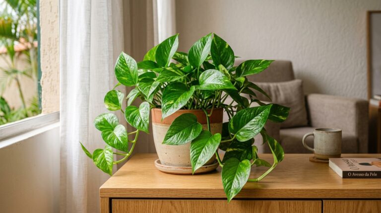 Vaso de cerâmica com uma planta jiboia cheia de folhas verdes caindo como cascata sobre um aparador de madeira na sala de estar.