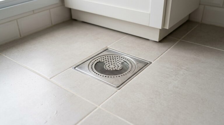 Ralo quadrado de aço inox embutido em um piso de cerâmica clara, equipado com um sistema de grade fina para fechamento.