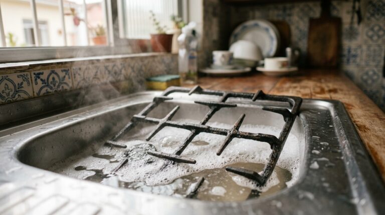 Grade preta de fogão mergulhada em uma pia de inox cheia de água quente e espuma de sabão, com fumaça subindo.