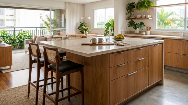 Cozinha moderna em conceito aberto integrada com a sala de estar. Em primeiro plano, uma ilha central de bancada clara com base de madeira e três banquetas de palhinha. Ao fundo, uma mulher organiza um armário inferior. A sala possui um sofá cinza, móveis de madeira e uma porta de vidro para a varanda repleta de plantas.