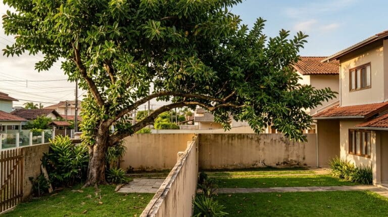 Árvore de copa grande e volumosa plantada em um quintal, com seus galhos extensos e pesados pendendo por cima de um muro e projetando sombra sobre o gramado da casa vizinha.