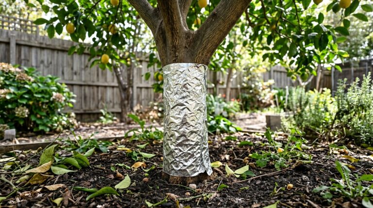 Tronco principal de um limoeiro encapado com uma folha larga e texturizada de papel-alumínio rente ao solo escuro. Ao fundo, um quintal arborizado com folhagens diversas e uma cerca de madeira rústica sob luz difusa.