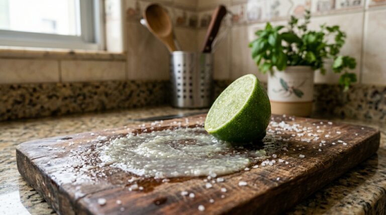 Metade de um limão tahiti sobre uma tábua de madeira escura e rústica, cercado por uma mistura úmida de sal grosso e suco que foi esfregada na superfície. Ao fundo, utensílios de cozinha e um vaso com manjericão.