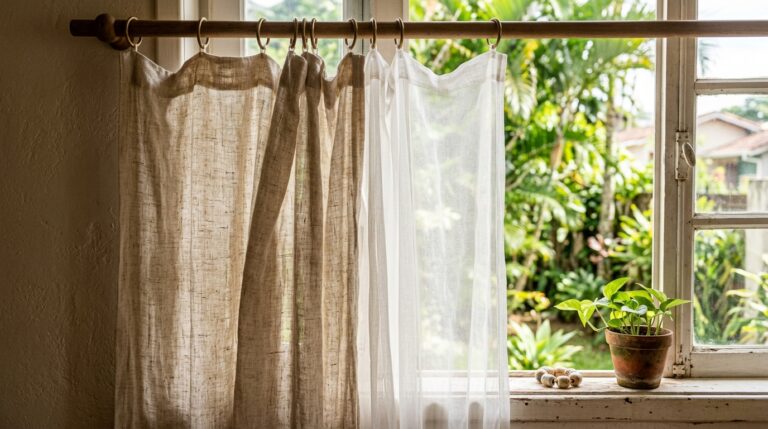 Detalhe de Cortinas de Linho e Voal no Varão de Madeira