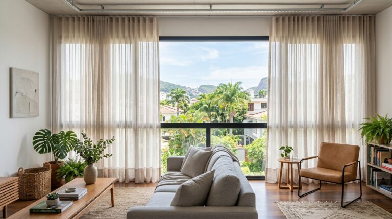 Sala de estar com ampla janela de esquadria preta exibindo paisagem com árvores e montanhas. Cortinas longas de tecido claro com pregas cobrem as laterais da janela. Há um sofá cinza, poltrona de couro marrom e várias plantas pelo ambiente.