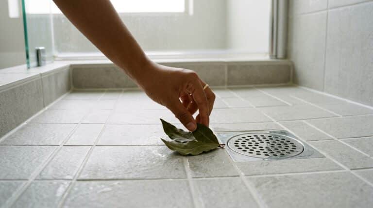 Mão segurando três folhas verdes de louro sobre um ralo metálico quadrado no piso de cerâmica clara de um chuveiro.