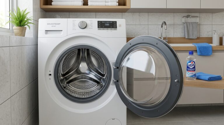 Máquina de lavar roupas branca de abertura frontal com a porta de vidro totalmente aberta, mostrando o tambor de inox em uma lavanderia clara.