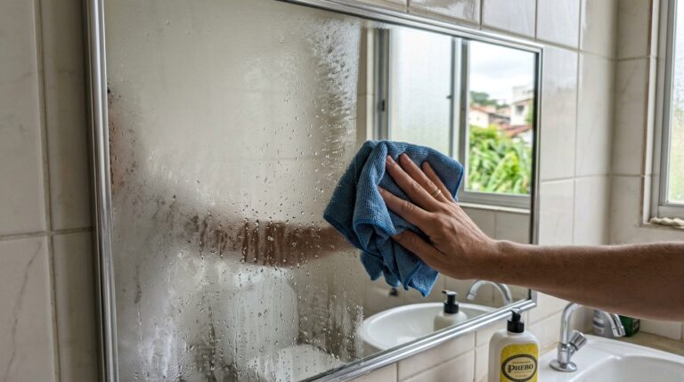 Uma mão segurando um pano de microfibra azul limpa a superfície de um espelho de banheiro embaçado e com marcas de respingos de água, revelando o reflexo nítido de uma janela ao fundo.