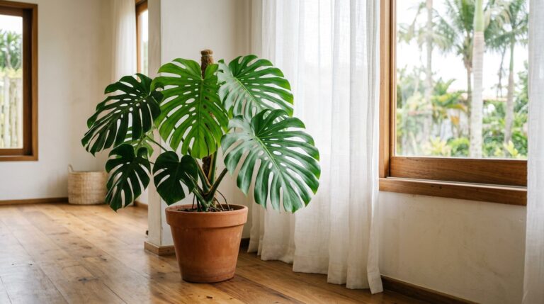 Vaso de barro no chão de madeira contendo uma Costela-de-Adão volumosa. A planta está posicionada ao lado de uma janela grande com cortinas brancas translúcidas, revelando um jardim com palmeiras no exterior.