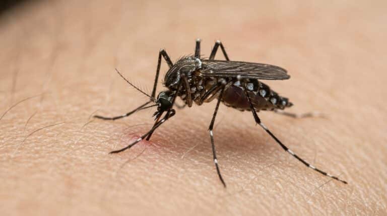 Fotografia em modo macro (close-up) detalhando um mosquito Aedes aegypti sobre a pele humana. O inseto possui corpo escuro com nítidas listras brancas nas pernas. O aparelho bucal está inserido na pele (picando) e o abdômen começa a ficar avermelhado com o sangue.