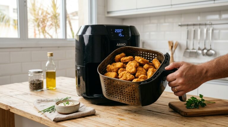 Mão segurando a cesta de uma fritadeira elétrica Arno cheia de nuggets de frango dourados e crocantes sobre uma bancada de madeira na cozinha.