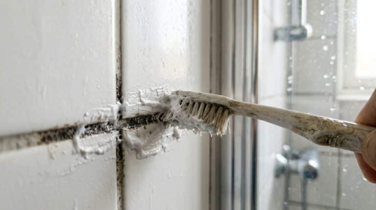 Mão segurando uma escova de dentes velha e esfregando uma pasta branca sobre o rejunte preto e mofado de azulejos brancos de banheiro.