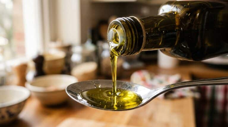 Um fio contínuo de azeite de oliva dourado e brilhante sendo derramado de uma garrafa de vidro escuro diretamente em uma colher de metal, com uma cozinha aconchegante desfocada ao fundo.