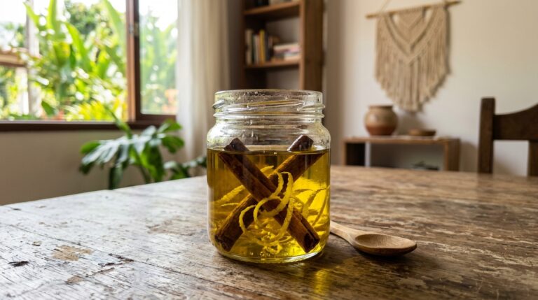 Pote de vidro transparente contendo óleo dourado, paus de canela cruzados e cascas de limão em espiral, apoiado sobre uma mesa de madeira rústica e desgastada. Uma colher de pau está ao lado do frasco.