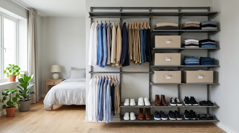 Sistema de closet aberto modular de metal, instalado em um quarto claro. O espaço contém roupas separadas por cor em cabides de madeira, caixas organizadoras de tecido e prateleiras com sapatos perfeitamente alinhados.
