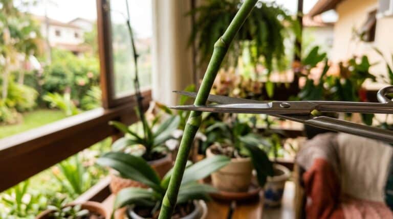 Uma tesoura metálica de poda aberta, posicionada para cortar a haste verde e espessa de uma orquídea. A lâmina está alinhada estrategicamente cerca de um dedo acima de um nó (gema) visível no caule. Ao fundo, uma varanda desfocada repleta de outras plantas.