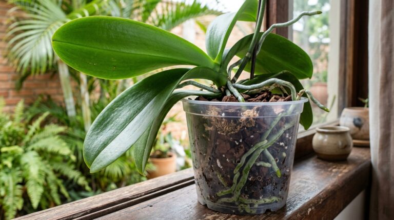Orquídea com folhas verdes grandes e raízes espessas plantada em um vaso de plástico transparente, exibindo o substrato de cascas de árvore, apoiada em um peitoril de madeira.