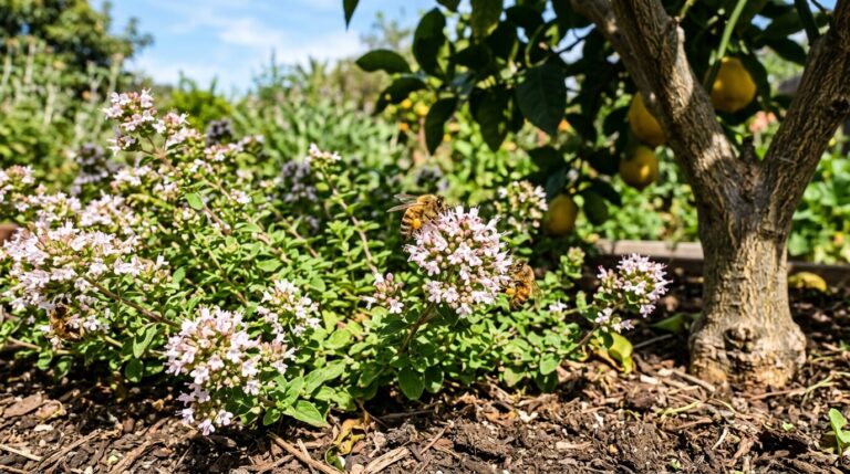 Arbusto rasteiro de orégano repleto de minúsculas flores brancas e rosadas, visitadas ativamente por abelhas com pólen nas patas. À direita, o tronco áspero de um limoeiro, com limões amarelos visíveis no fundo desfocado sob o céu azul.
