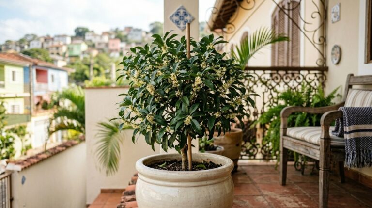 Arbusto de Jasmim-do-imperador (Osmanthus fragrans) plantado em um vaso de cerâmica clara, repleto de pequenas flores brancas. O vaso está no piso de lajotas de uma varanda com guarda-corpo de ferro trabalhado e uma cadeira de madeira rústica ao lado. Ao fundo, uma paisagem urbana desfocada.