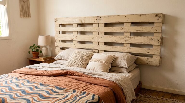 Cama de casal arrumada com coberta em tons terrosos e almofadas de macramê. A cabeceira rústica é formada por dois grandes paletes de madeira clara fixados lado a lado na parede branca. Ao lado, um vaso de barro com planta sobre um criado-mudo de madeira.