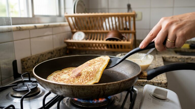 Mão segurando uma espátula preta e virando uma massa de panqueca dourada em uma frigideira sobre a chama acesa de um fogão a gás.