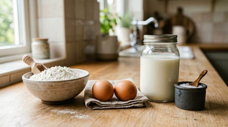 Bancada de madeira clara com ingredientes para panqueca: uma tigela rústica com farinha de trigo, dois ovos caipiras sobre um pano de prato, um pote de vidro com leite e um pequeno pote com sal.