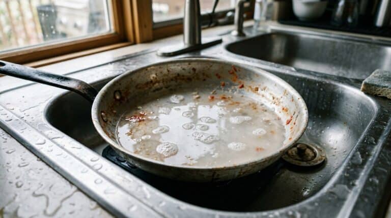 Uma panela de aço inoxidável com água fumegante dentro da cuba de uma pia de inox, ao lado de uma esponja amarela e frasco de detergente.