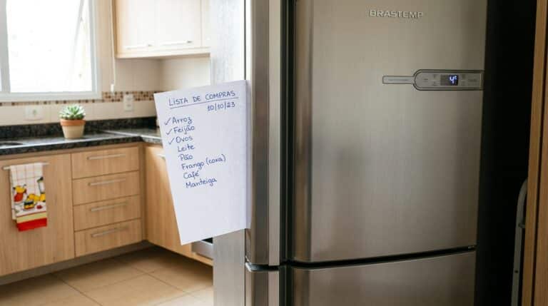 Uma lista de compras de supermercado escrita à mão fixada na porta de uma geladeira de inox. Ao fundo, uma cozinha organizada com armários de madeira clara e bancada de granito.