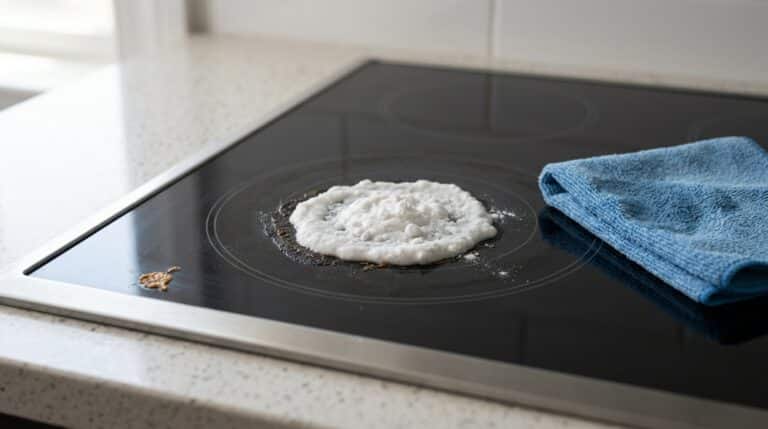Pasta branca espessa e efervescente aplicada sobre uma mancha escura de queimado no vidro de um cooktop de indução preto, com um pano de microfibra azul ao lado.