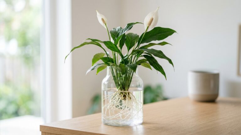 Planta lírio-da-paz com folhas verdes vibrantes e duas flores brancas, cultivada diretamente na água em um vaso de vidro transparente que deixa à mostra suas longas raízes brancas, repousando sobre uma mesa de madeira clara.