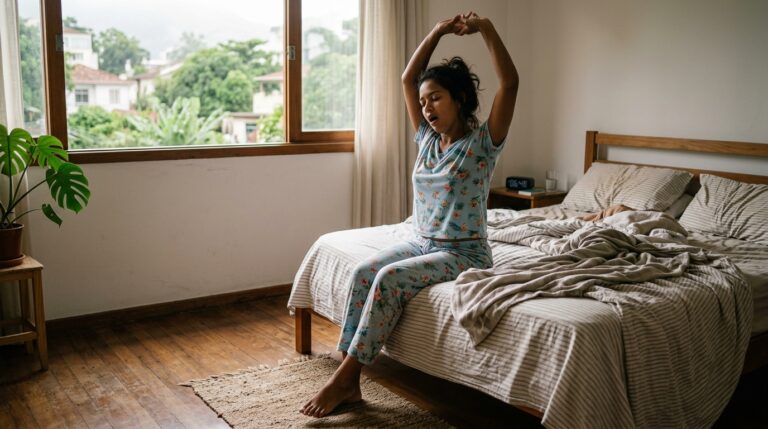 Uma pessoa jovem sentada na beira de uma cama de madeira se alonga com os braços levantados acima da cabeça e boceja, vestindo um pijama floral azul e rosa. O relógio digital marca "06:48". A cama tem lençóis listrados. Ao fundo, uma grande janela mostra uma vista panorâmica de uma cidade arborizada e montanhas. Uma planta Monstera está à esquerda.