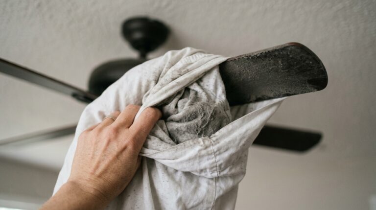 Imagem em close-up de uma mão feminina deslizando uma fronha de tecido branco claro sobre a pá escura de um ventilador de teto. O tecido macio forma dobras volumosas que contrastam com a superfície rígida da pá de madeira.